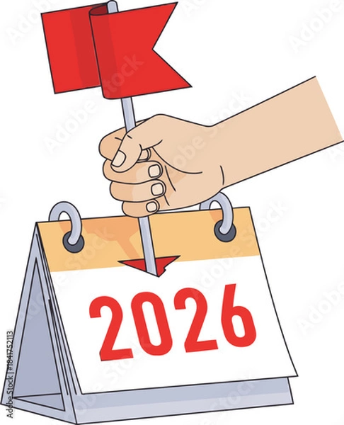 Fototapeta A hand holds a calendar pointing to 2026, symbolizing the future. Clean, modern illustration with a bold color palette. Ideal for business, technology, and forward-thinking concepts.
