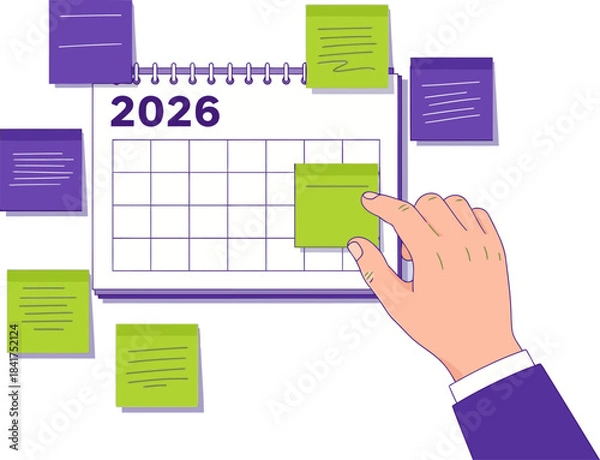 Fototapeta A hand interacts with a 2026 calendar adorned with sticky notes, showcasing planning and organization. Modern, flat design illustration. Ideal for business, productivity, and goal-setting visuals.