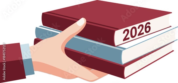 Fototapeta A hand holds a stack of books with '2026' prominently displayed. The image evokes a sense of future planning and knowledge. Clean, modern illustration.