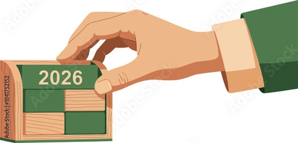 Fototapeta A hand reaches to flip a calendar displaying 2026. The image features a stylized, modern design with a focus on the year. Clean, professional, and visually appealing.