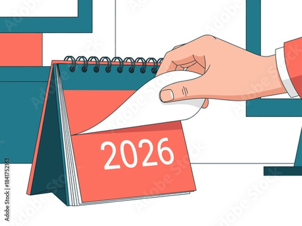 Fototapeta A hand turns a 2026 calendar page, showcasing a clean, modern design. The image highlights a bright, minimalist aesthetic suitable for business or lifestyle themes.
