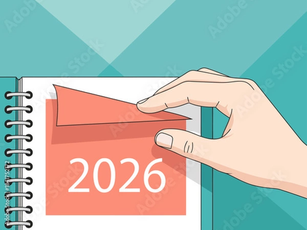 Fototapeta A hand turns a page of a calendar displaying the year 2026. The image features a bright, modern design with a focus on planning and organization. Suitable for business and lifestyle themes.