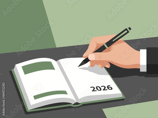 Fototapeta A hand writes in a calendar for 2026. The image features a close-up of a hand and pen on an open calendar, conveying planning and organization. Clean, modern style.