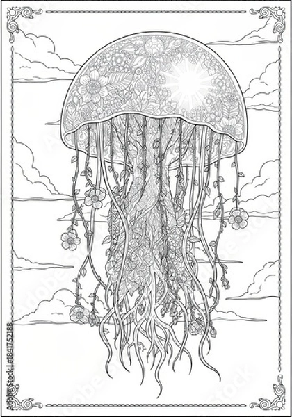 Obraz Surreal Whale/Sea Coloring Sheet Organic Patterns Underwater Hand drawn [Subject] illustration with flowing organic swirls. Abstract decorative line art design on white background