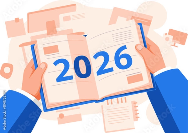 Fototapeta A professional holds an open calendar displaying 2026, symbolizing future planning and business goals. Modern, clean design with a focus on forward-thinking.
