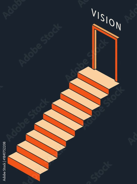 Fototapeta A stylized isometric staircase leads to a glowing doorway, symbolizing vision and opportunity. The orange steps contrast with the dark background, creating a dramatic and aspirational image.