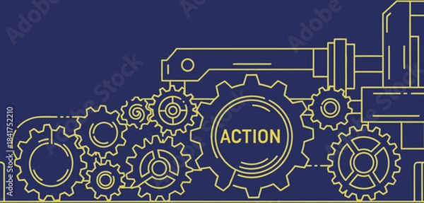 Fototapeta A stylized illustration depicts industry's core ? action ? through interlocking gears. Bold ?ACTION? text centers the design, conveying momentum and industrial power. Modern, graphic style.