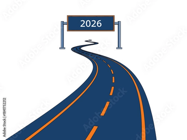 Fototapeta A stylized road leads towards the year 2026, symbolizing progress and the future. The clean, graphic design offers a modern and optimistic visual.