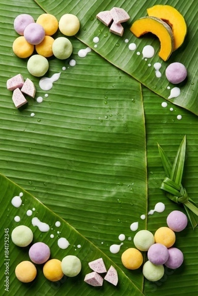 Obraz Thai dessert Bua Loi ingredients flat lay with colorful glutinous rice balls, pumpkin, taro and pandan leaves on banana leaf background with coconut milk drops and copy space for vertical menu design.