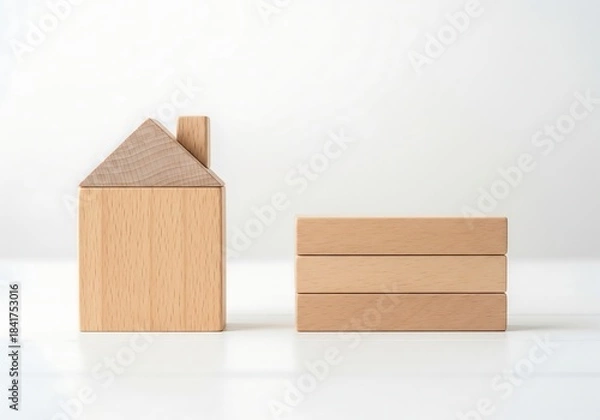 Fototapeta Minimalist Wooden House Model with Stacked Building Blocks on Clean White Background, Representing Real Estate Concepts