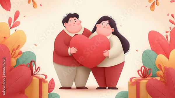 Fototapeta Cute valentine cartoon kids with heart romantic gift in colourful atmosphere celebrating love valentine's day