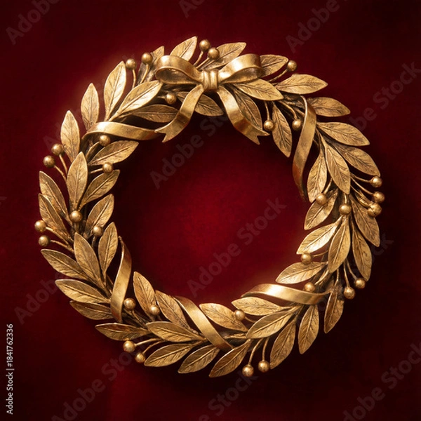 Fototapeta gold laurel wreath on red velvet