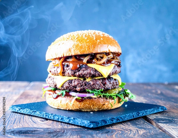 Fototapeta Gourmet Double Smashburger with Melting Cheese and Caramelized Onions on Dark Slate