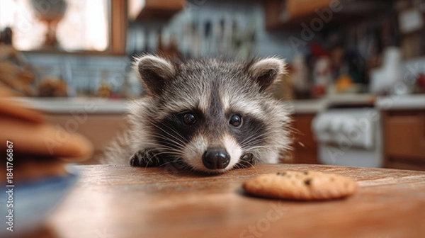 Fototapeta Ai raccoon approaches cookie on wooden table in kitchen during daylight hours