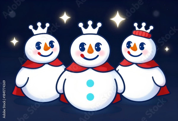 Obraz Vibrant Cartoon Snowmen with Glowing Colors on a Dark Winter Landscape