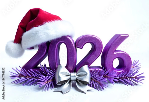 Obraz Festive Holiday Vector Art Glittery Purple 2026 with Fluffy Christmas Hat