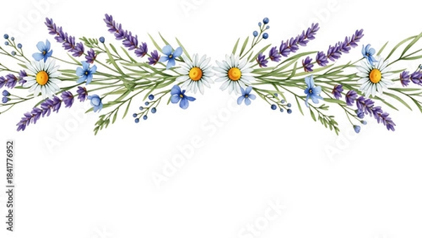 Fototapeta Transparent background beautiful floral border with daisies and lavender on transparent background