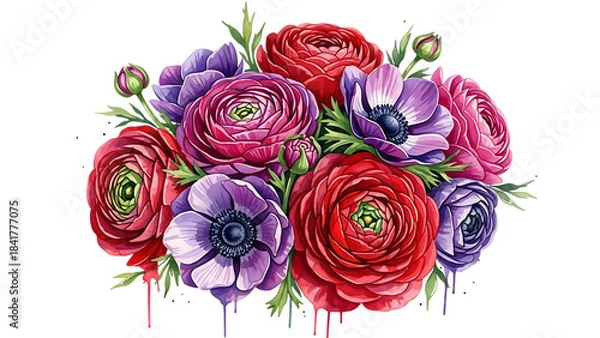 Fototapeta Transparent background vibrant bouquet of colorful ranunculus flowers isolated on transparent background with green leaves