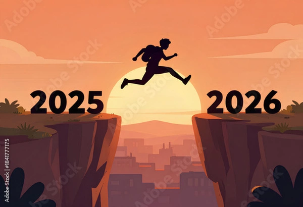Obraz Good Bye 2025 and welcome 2026. Happy New Year vibes illustration showing a silhouette of a boy jumping between the mountains before sunset