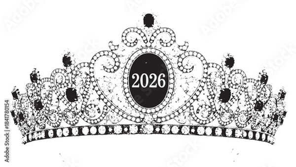 Obraz Intricate black-and-white crown design featuring elaborate filigree and the year 2026 as centerpiece.