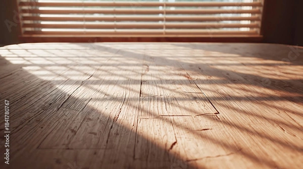 Obraz Rustic Wooden Table Surface with Sunlight and Shadow Patterns stock