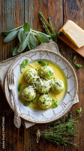 Obraz Spinach and ricotta dumplings with sage butter sauce and parmesan cheese. Vertical top view of Italian Gnudi or Malfatti pasta on rustic wooden table