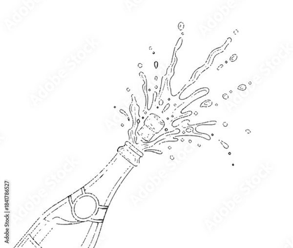 Obraz Champagne Bottle Popping with Cork and Splashing Liquid, Celebration Line Art