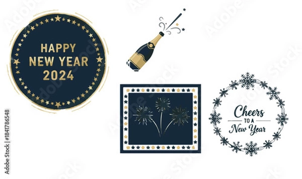 Obraz New Year and Festive Celebration Sticker Set with Fireworks, Champagne and Decorative Badges