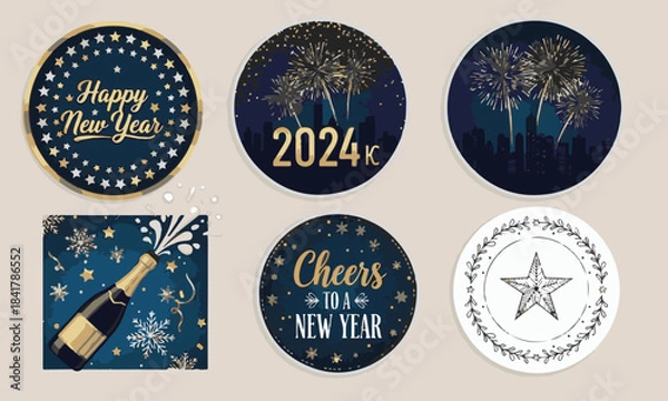 Obraz New Year and Festive Celebration Sticker Set with Fireworks, Champagne and Decorative Badges