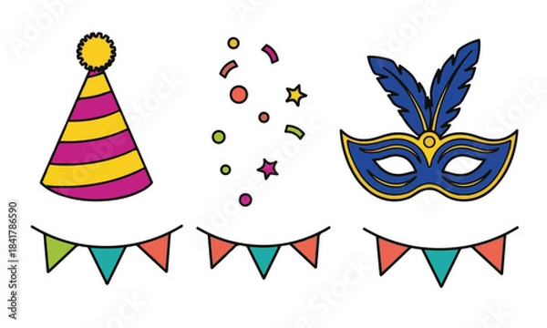 Obraz Festive Party and Celebration Icon Set: Carnival Mask, Confetti, Banners, and Party Hat