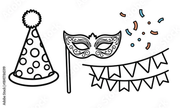 Obraz Hand Drawn Champagne and Party Elements Set with Flute, Popping Bottle, Bubbles, and Colorful Balloons