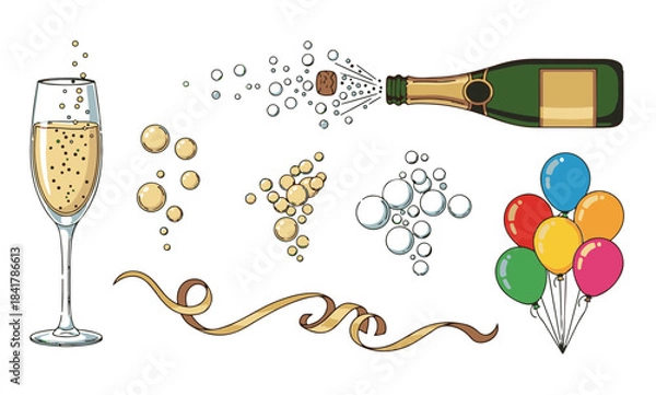 Obraz Hand Drawn Champagne Celebration Elements Set with Bottle, Glass, Bubbles, and Balloons