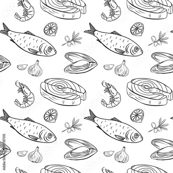 Obraz Hand drawn Mediterranean seafood seamless pattern featuring fish, shrimp, mussel, garlic, lemon and olive branch. Drawing ink. Doodle sketch style. Culinary BG ideal for packaging, menu design, 