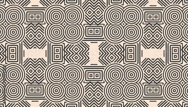 Fototapeta Bold geometric line pattern with circles squares and angular motifs creating a seamless symmetrical decorative background
