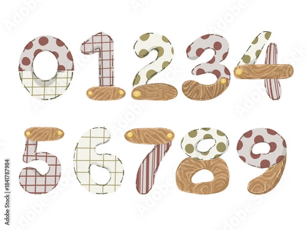 Fototapeta Cute boho alphabet and numbers set with wood texture. Hand drawn vector scandi letters, flowers and baby elements for nursery decor, educational posters, or shower invitations.