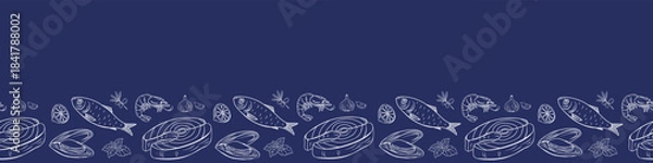 Obraz Mediterranean seafood seamless border frame with fish, sardines, shrimp, lemon, mussel, olive and herb elements in elegant nautical line art. Perfect for menu design, packaging, culinary projects.