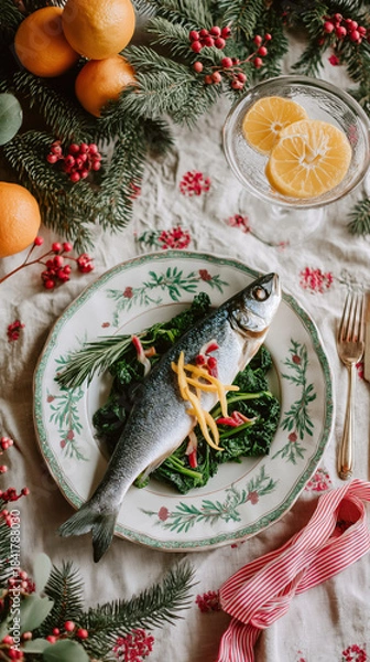 Obraz Christmas seafood dinner with whole sea bass on vintage plate. Festive holiday table setting with oranges and pine. Vertical flat lay of traditional food