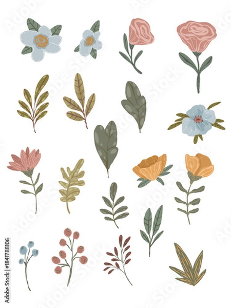 Fototapeta Set of cute boho flowers and leaves. Isolated hand drawn vector scandi floral elements, berries, branches and botanical fillers for nursery decor, patterns, wedding invitations and designs.