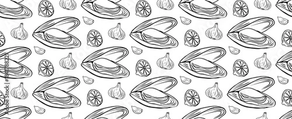 Obraz Seamless Hand drawn mussel and lemon pattern also designed for eco-friendly kraft packaging. Black-white Drawing ink. Mediterranean seafood motif fornatural food products, modern culinary design.