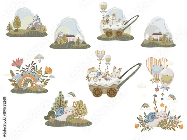 Fototapeta Cute boho baby compositions featuring a snail character, wooden stroller with gifts, balloons and rainbows. Hand drawn vector scandi woodland scenes for nursery posters and shower cards.