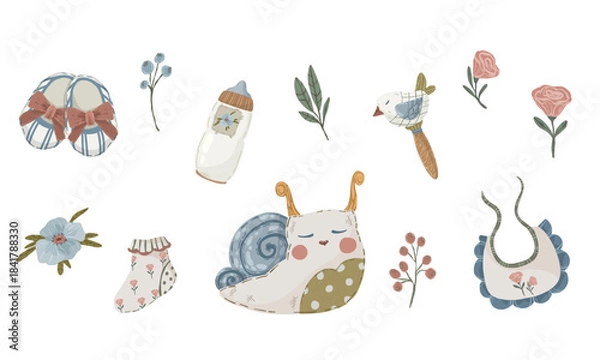 Fototapeta Cute boho baby compositions featuring a snail character, wooden stroller with gifts, balloons and rainbows. Hand drawn vector scandi woodland scenes for nursery posters and shower cards.