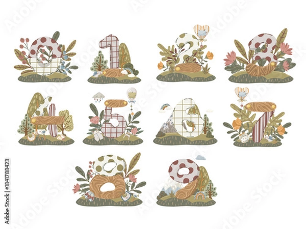 Fototapeta Cute boho alphabet and numbers set with wood texture. Hand drawn vector scandi letters, flowers and baby elements for nursery decor, educational posters, or shower invitations.