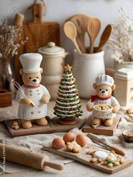 Obraz Vertical photo of two cute teddy bear chef figurines baking Christmas cookies in a rustic kitchen. Festive holiday decoration with miniature tree and baking ingredients