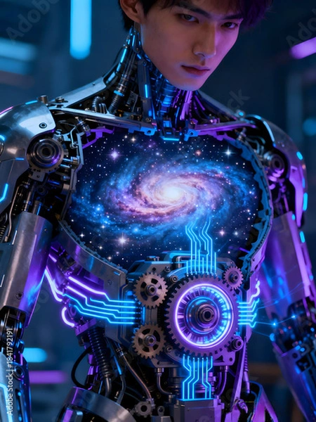 Obraz Futuristic humanoid robot with a galaxy core showcasing technology and cosmic elements
