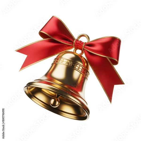 Obraz Shiny Gold Christmas Bell with Red Ribbon Bow