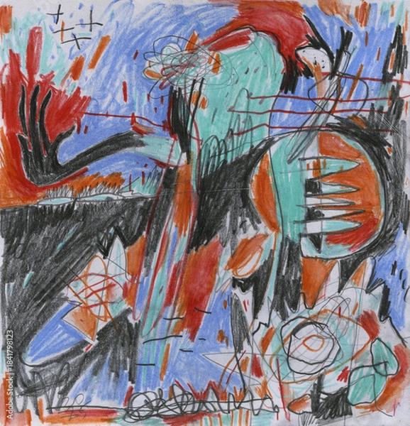 Fototapeta Abstract neo-expressionist drawing with mask-like faces, cold pastel background and dynamic red-orange lines. Hand-drawn psychological artwork with expressive tension and raw graphic energy.