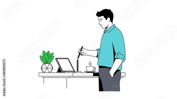 Fototapeta Illustration of a professional working on a tablet with coffee and a plant
