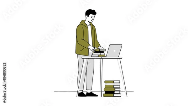 Fototapeta Illustration of a student using a laptop and books on a desk doing work