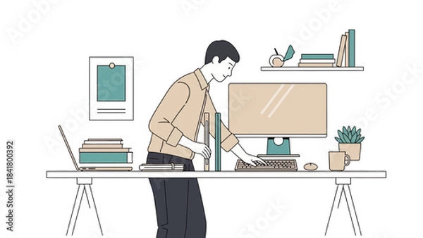 Fototapeta Illustration of a professional working on a computer at his desk with books around