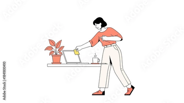 Fototapeta Illustration of a woman adding a sticky note to a laptop computer on a desk